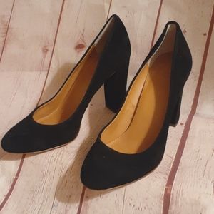J. Crew Black Luxe Suede Round Toe Chunky Heel Pumps Sz.9 MSRP $128
